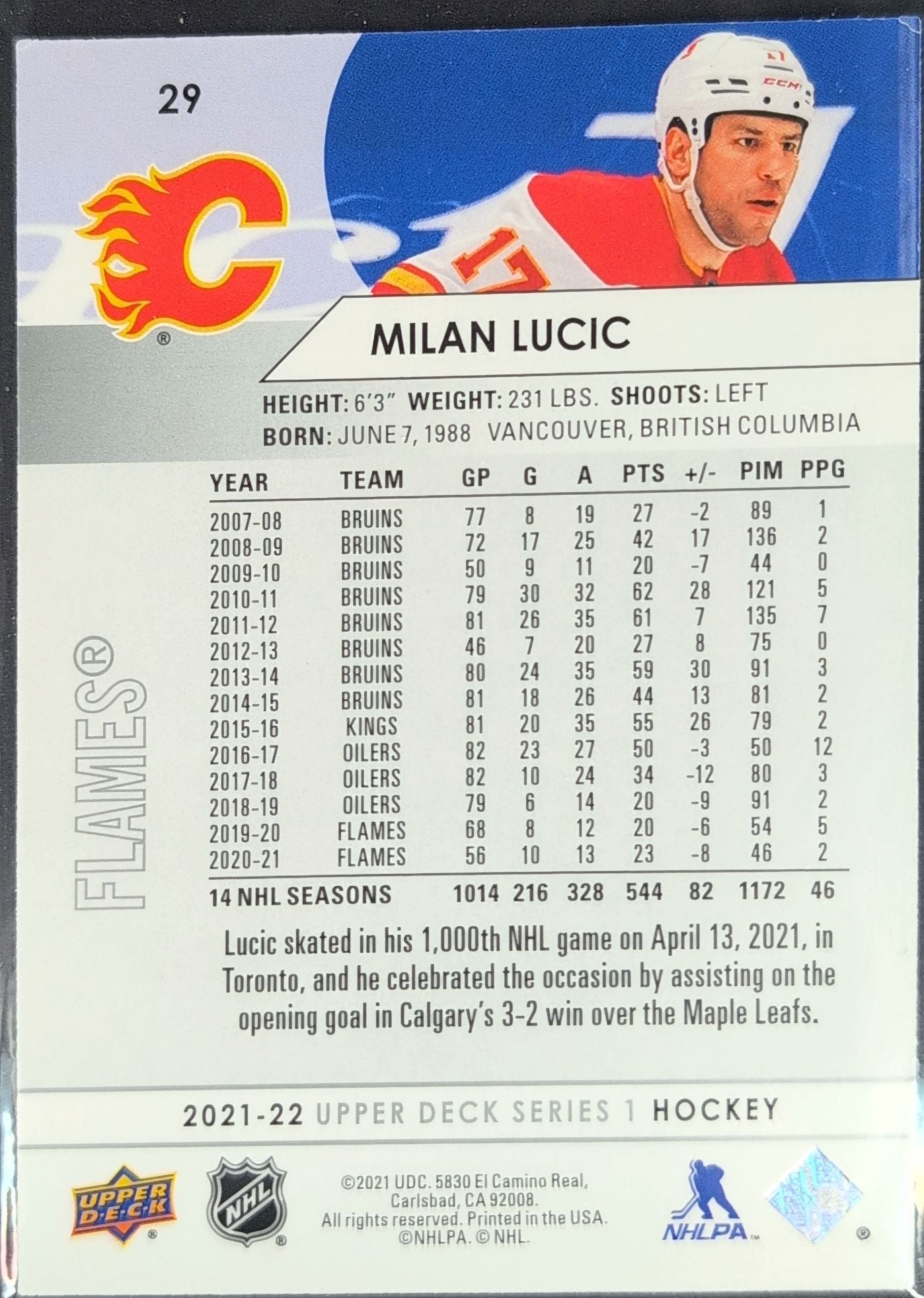 2021-2022 Upper Deck Milan Lucic #29 Calgary Flames back
