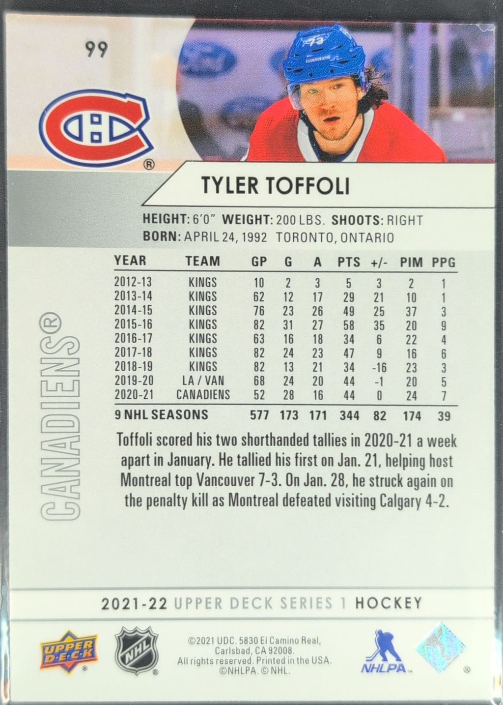2021-2022 Upper Deck Tyler Toffoli #99 Montreal Canadiens back