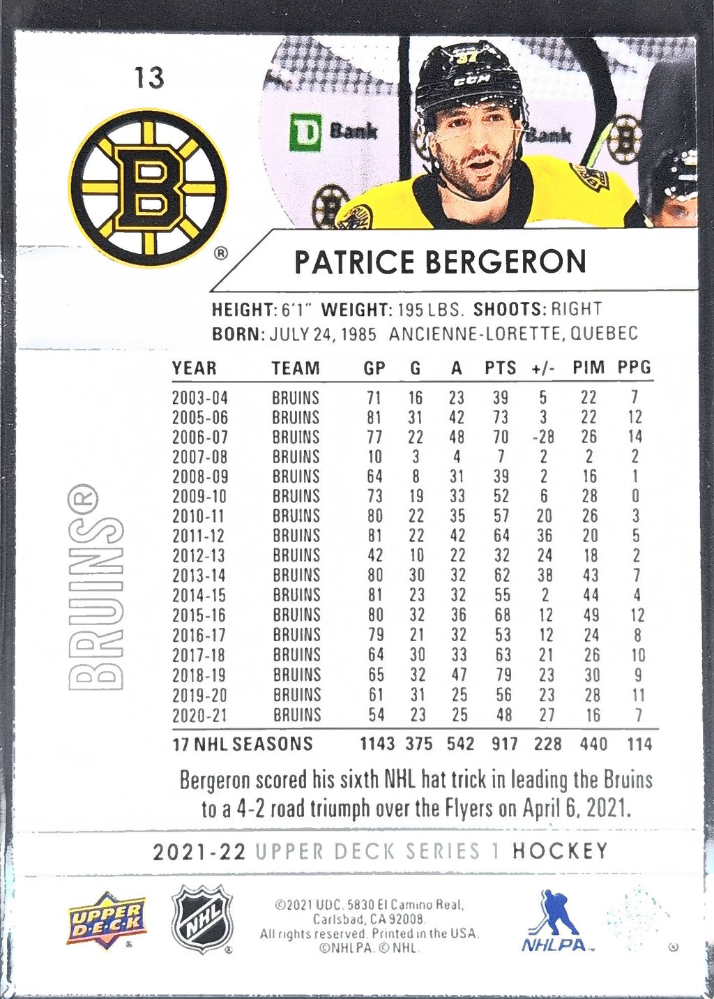 2021-2022 Upper Deck Patrice Bergeron #13 Boston Bruins back