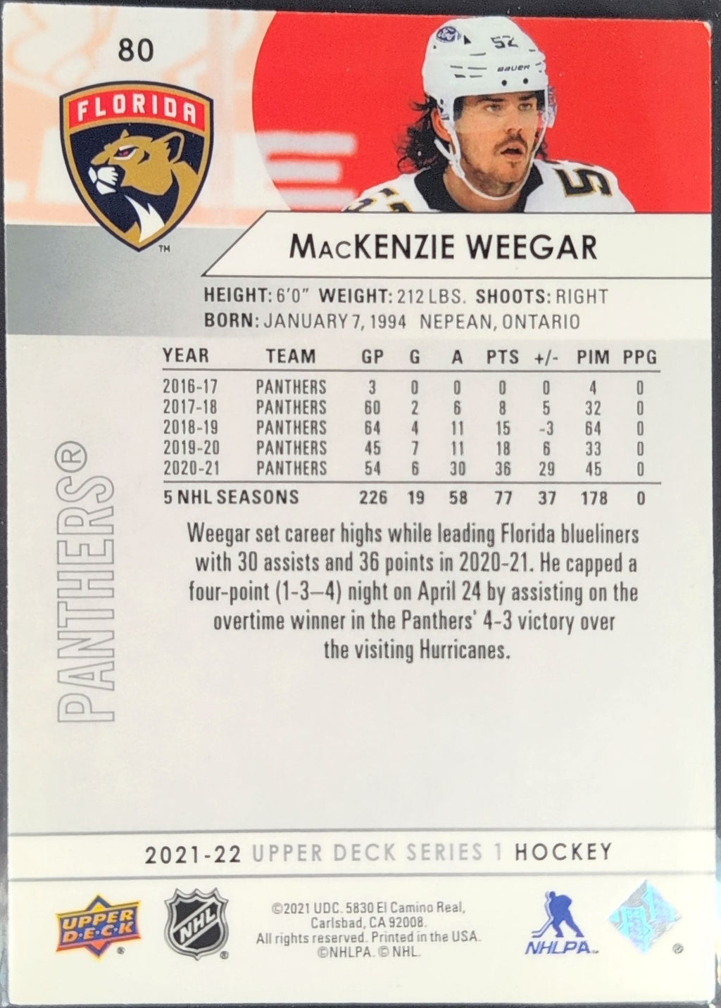 2021-2022 Upper Deck MacKenzie Weegar #80 Florida Panthers back