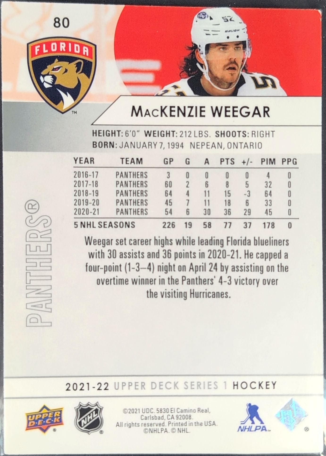2021-2022 Upper Deck MacKenzie Weegar #80 Florida Panthers back