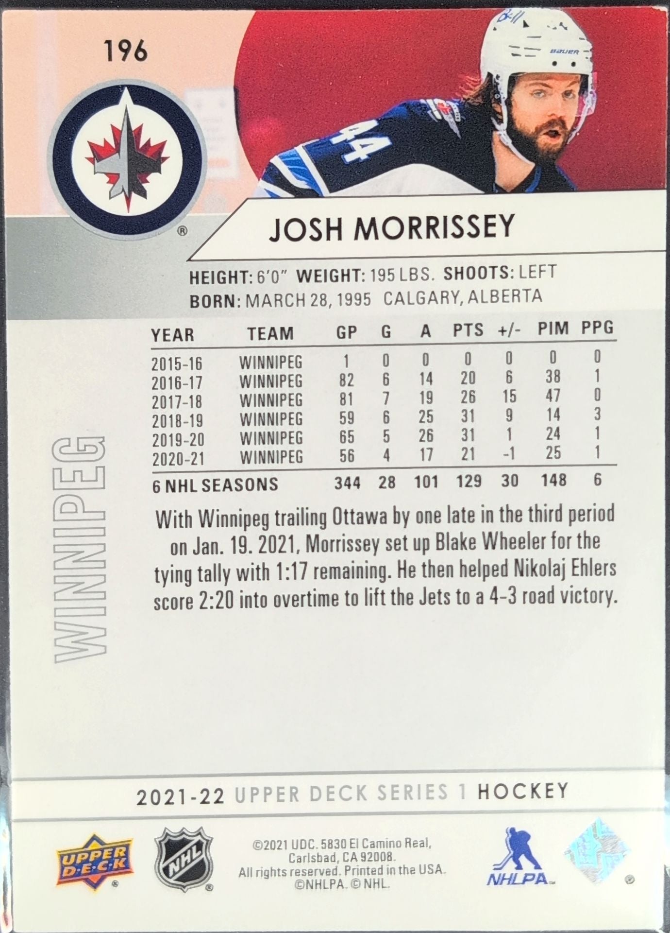 2021-2022 Upper Deck Josh Morrissey #196 Winnipeg Jets back
