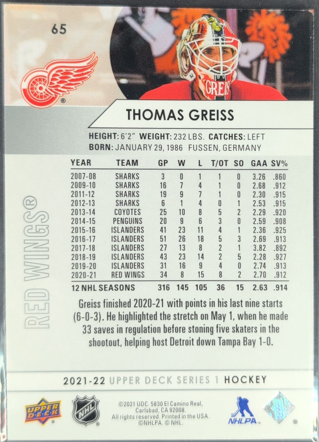 2021-22 Upper Deck Thomas Greiss #65 Detroit Red Wings back