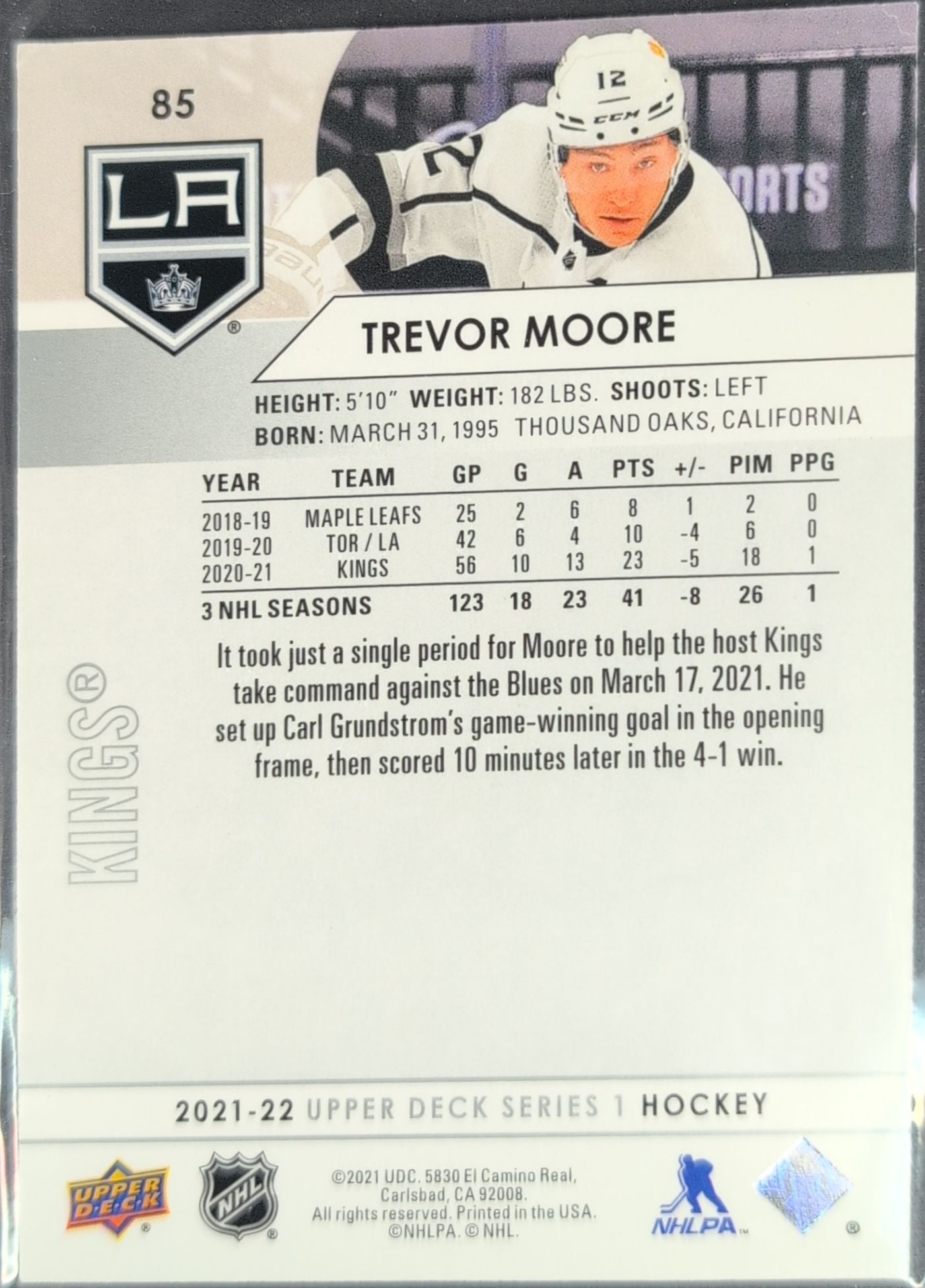 2021-22 Upper Deck Trevor Moore #85 Los Angeles Kings back
