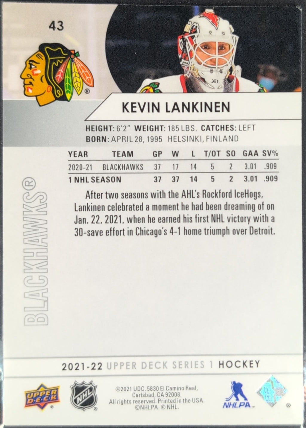 2021-22 Upper Deck Kevin Lankinen #43 Chicago Blackhawks back