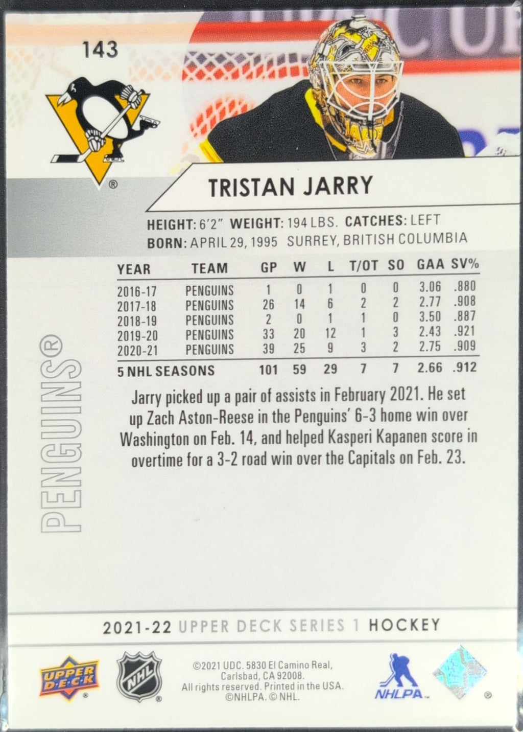 2021-22 Upper Deck Tristan Jarry #143 Pittsburgh Penguins back