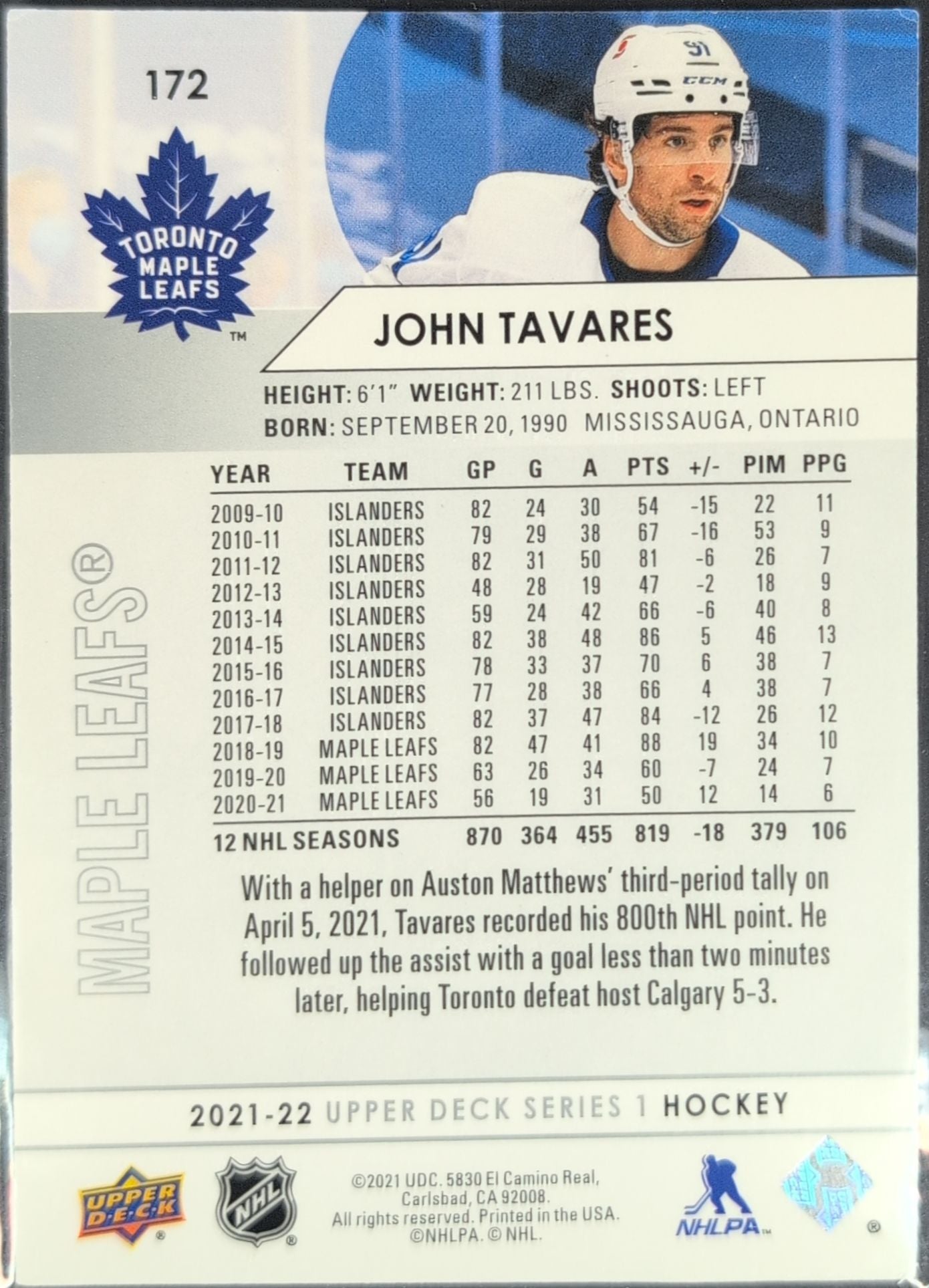 2021-2022 Upper Deck John Tavares #172 Toronto Maple Leafs back