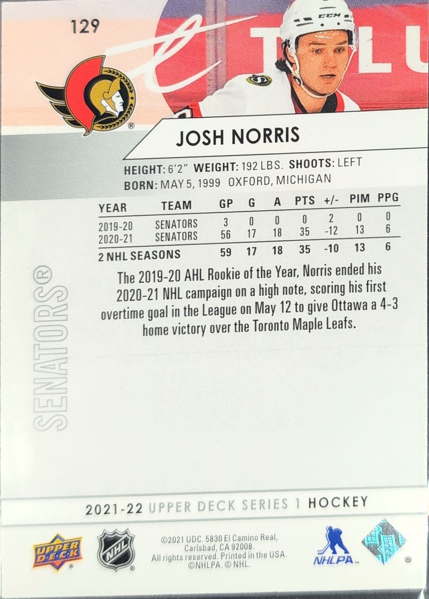2021-2022 Upper Deck Josh Norris #129 Ottawa Senators back