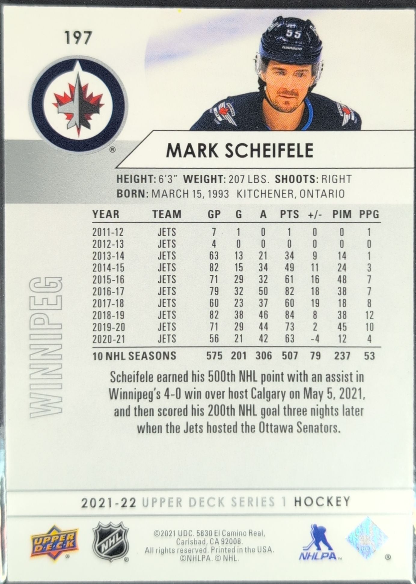 2021-2022 Upper Deck Mark Scheifele #197 Winnipeg Jets back