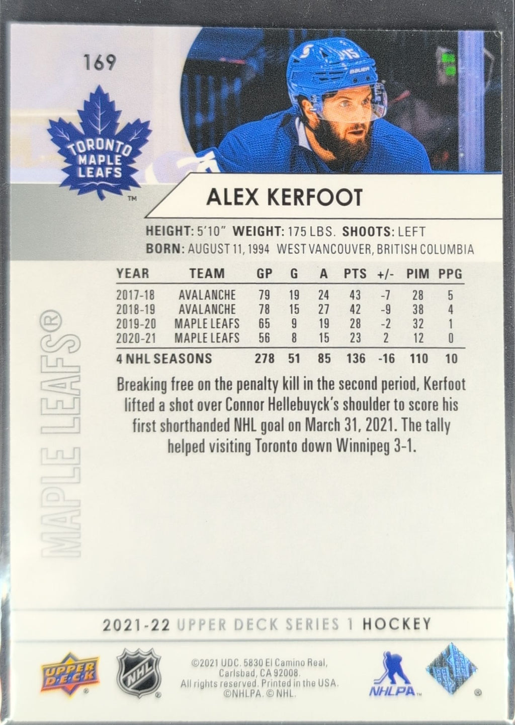 2021-2022 Upper Deck Alex Kerfoot #169 Toronto Maple Leafs back