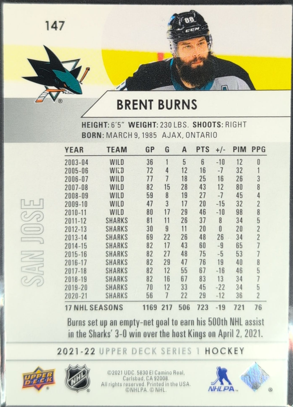 2021-2022 Upper Deck Brent Burns #147 San Jose Sharks back