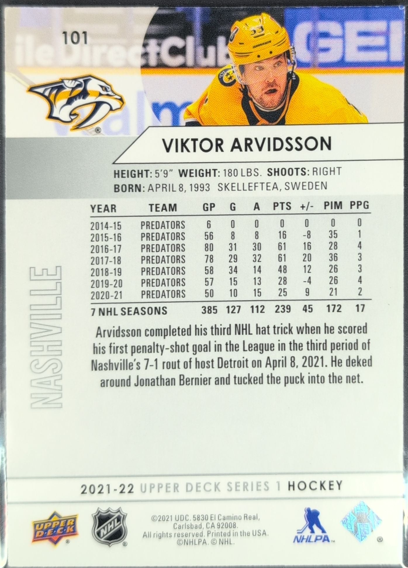 2021-2022 Upper Deck Viktor Arvidsson #101 Nashville Predators back