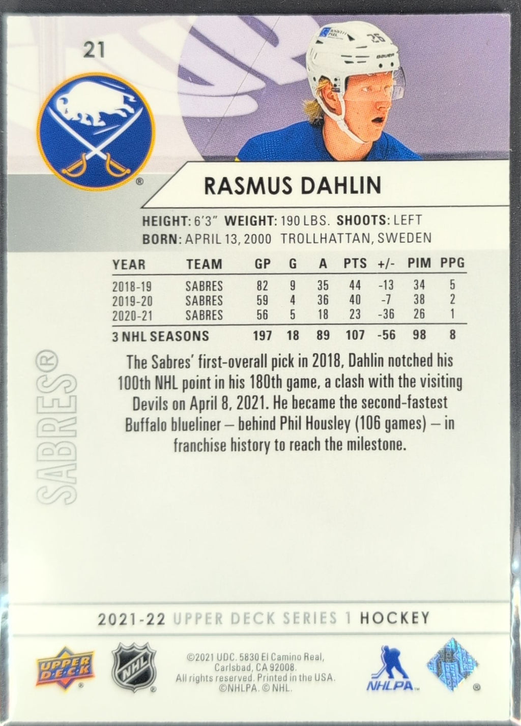 2021-22 Upper Deck Rasmus Dahlin #21 Buffalo Sabres back