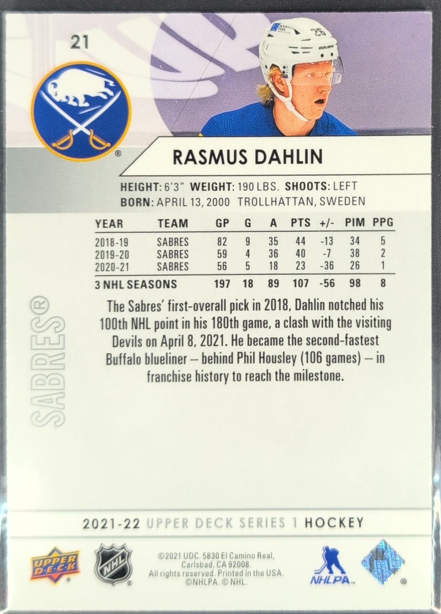 2021-22 Upper Deck Rasmus Dahlin #21 Buffalo Sabres back