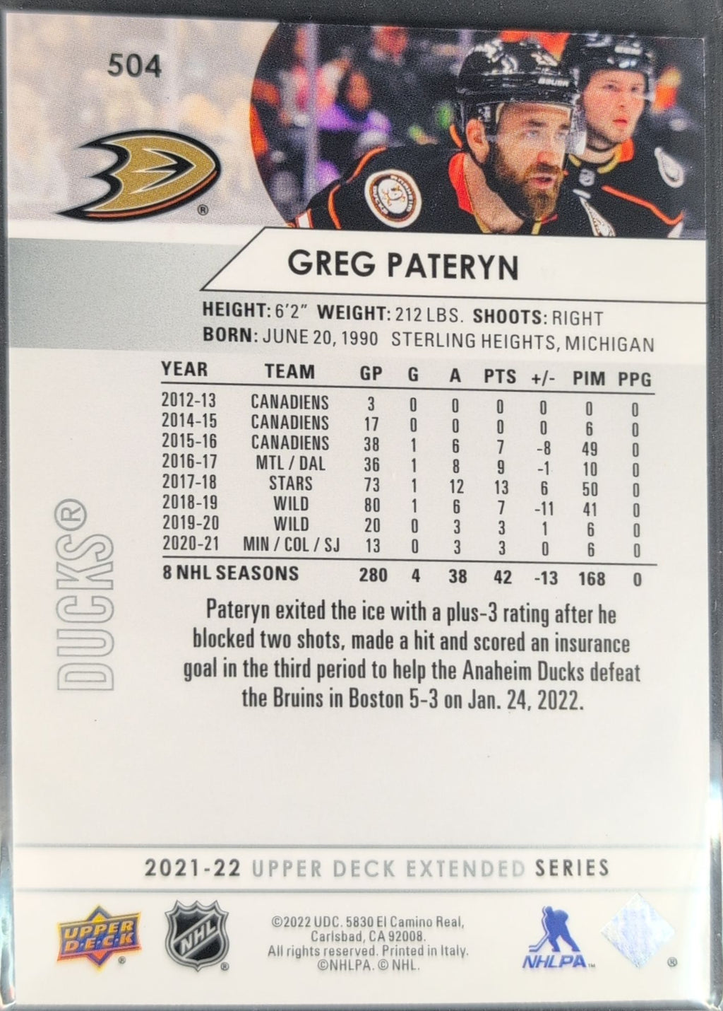 2021-2022 Upper Deck Greg Pateryn #504 Anaheim Ducks back