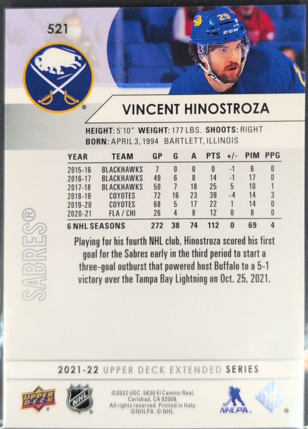 2021-2022 Upper Deck Vincent Hinostroza #521 Buffalo Sabres back