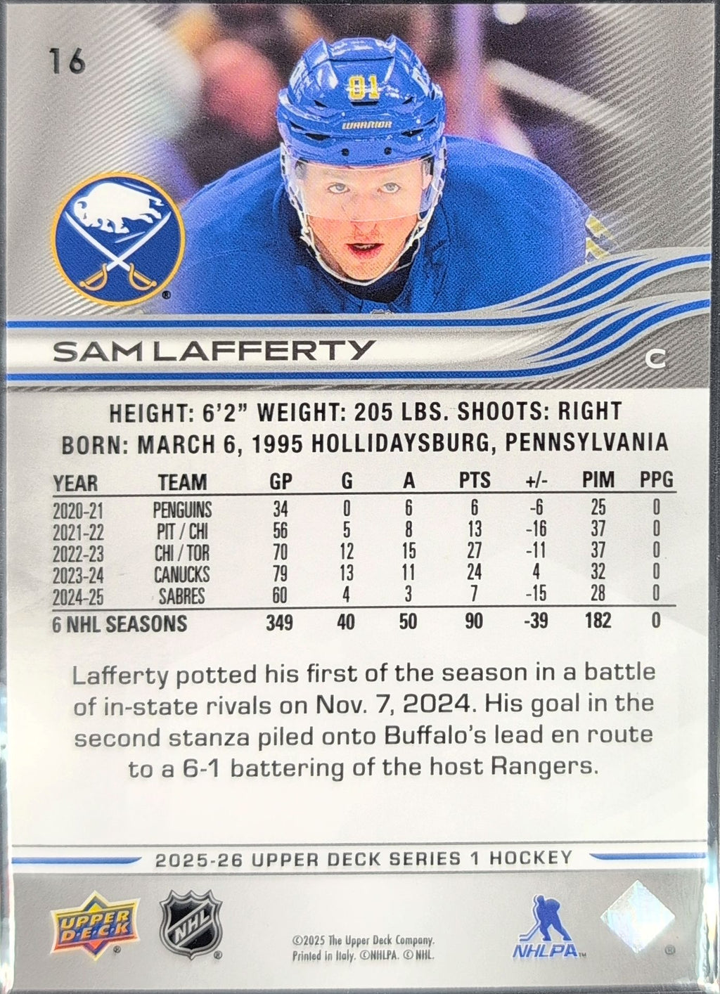 2025-26 Upper Deck Sam Lafferty #16 Buffalo Sabres back