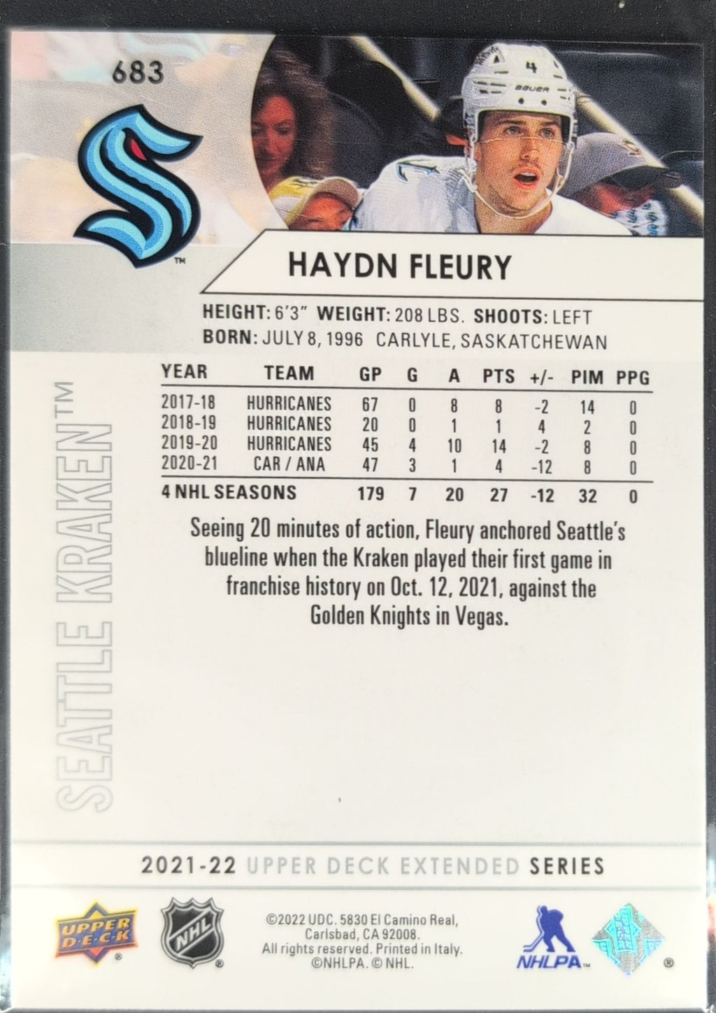 2021-2022 Upper Deck Haydn Fleury #683 Seattle Kraken back