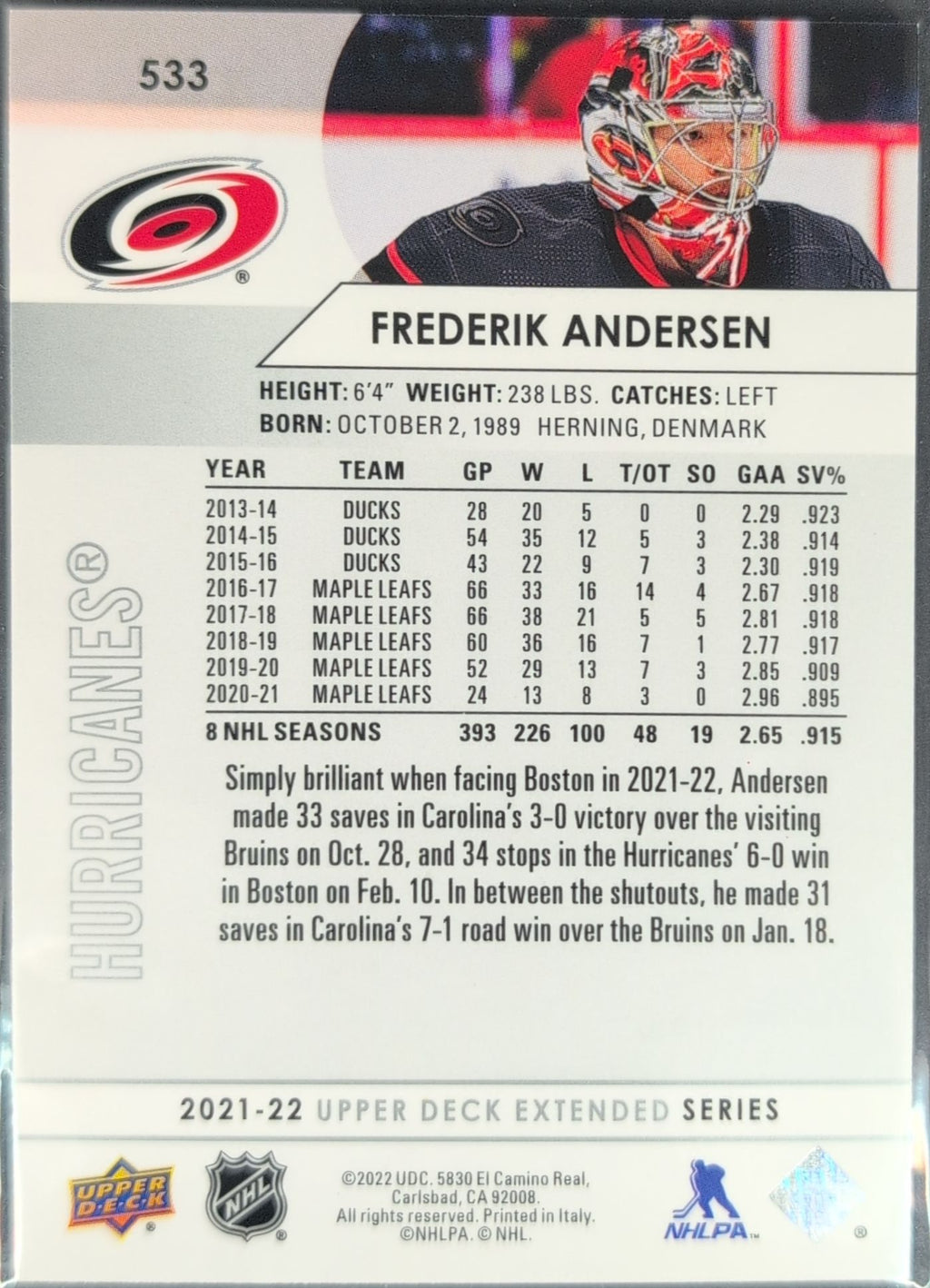 2021-2022 Upper Deck Frederik Andersen #533 Carolina Hurricanes back