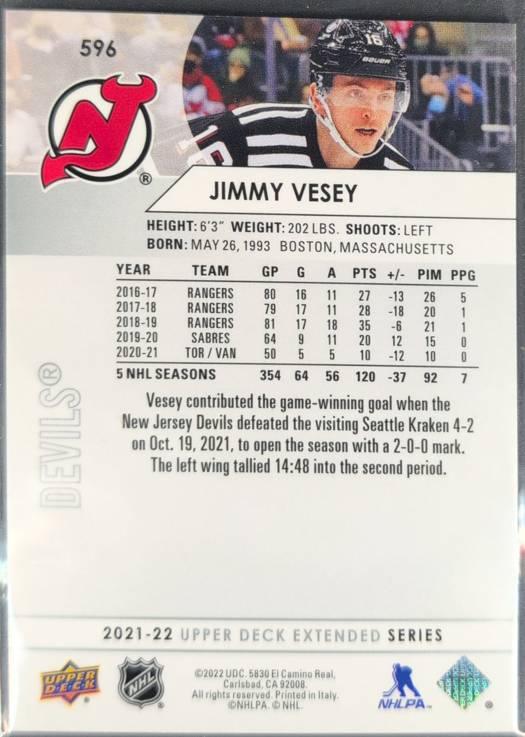 2021-2022 Upper Deck Jimmy Vesey #596 New Jersey Devils back
