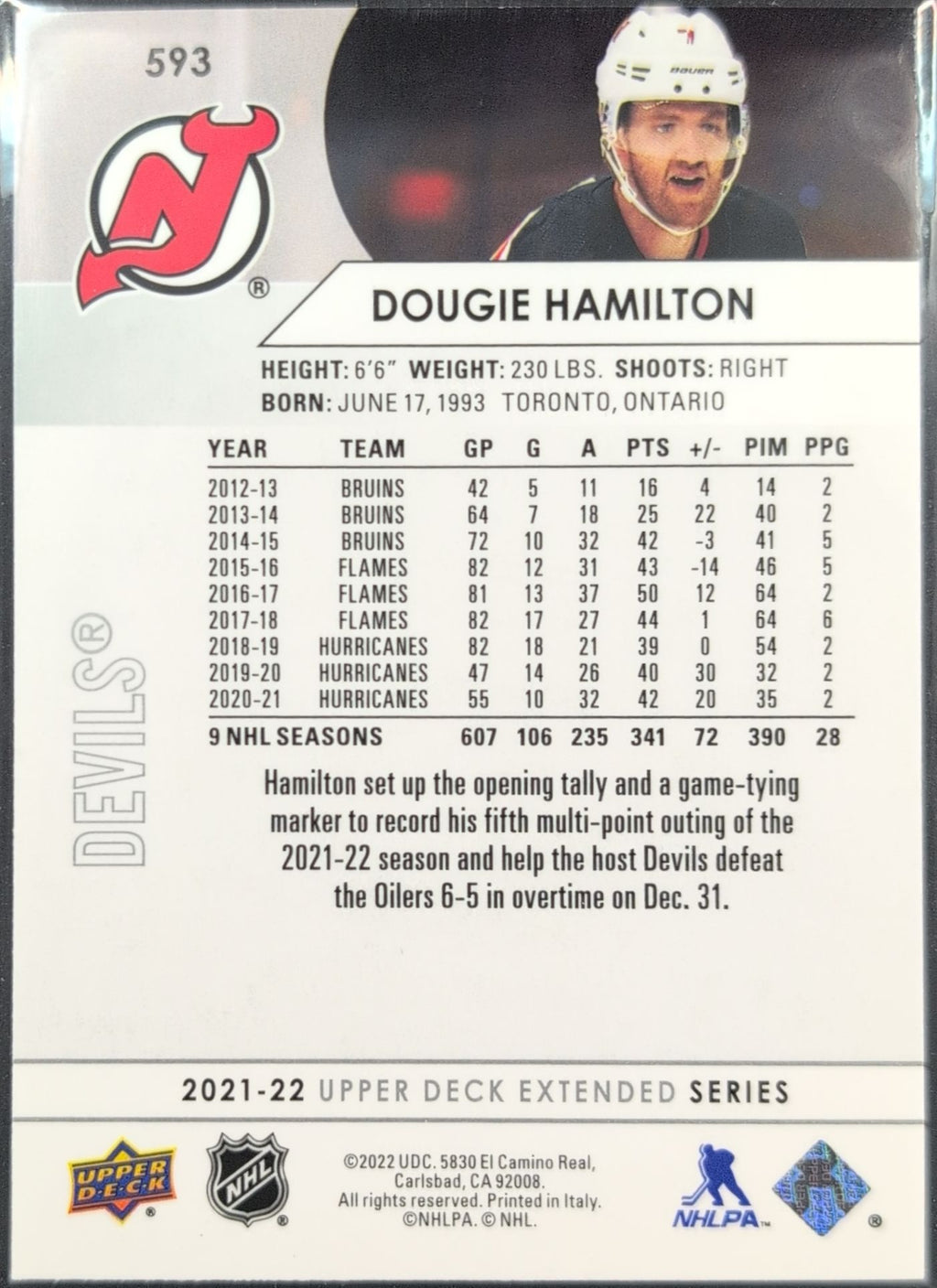 2021-2022 Upper Deck Dougie Hamilton #593 New Jersey Devils back