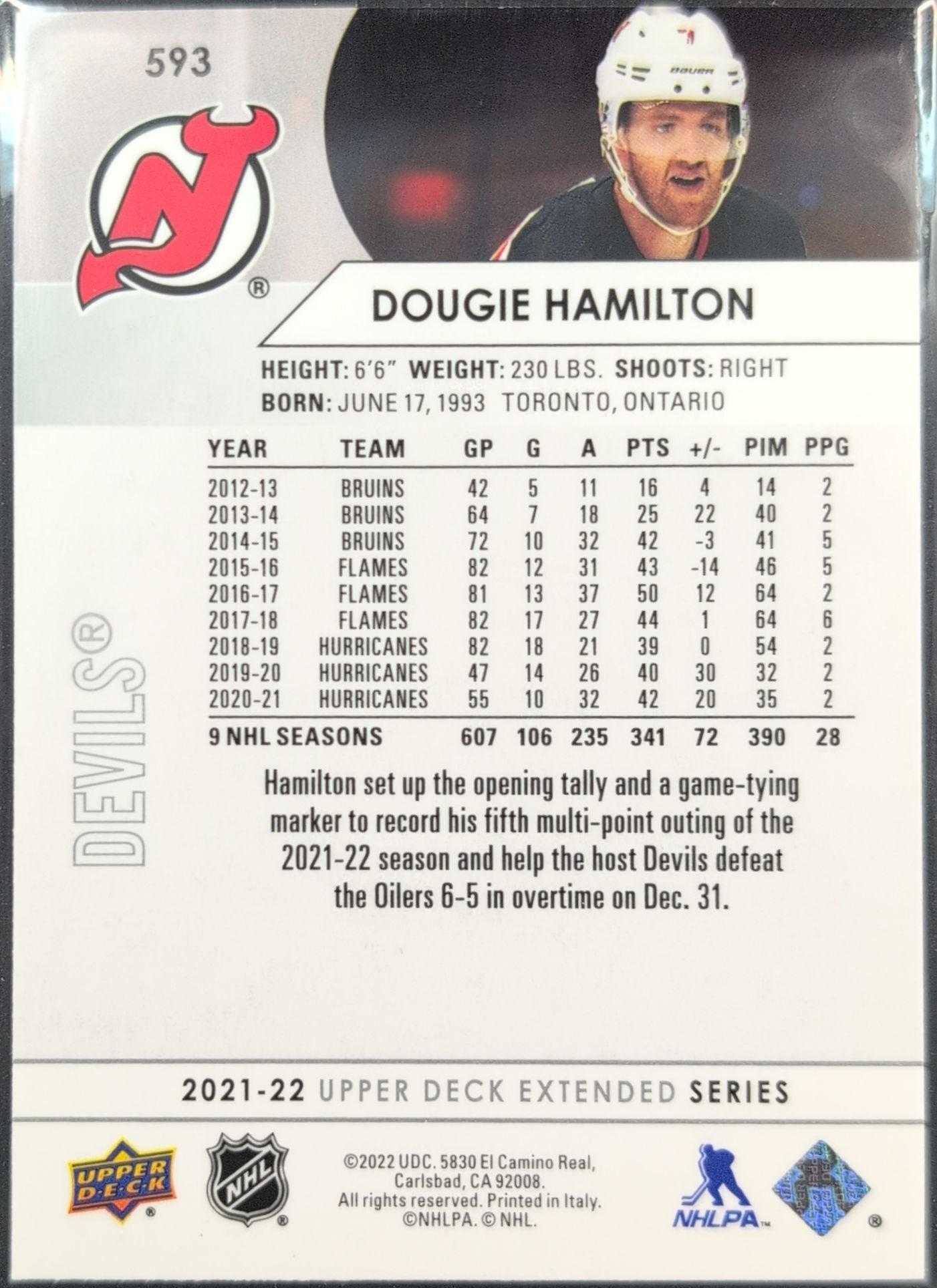 2021-2022 Upper Deck Dougie Hamilton #593 New Jersey Devils back