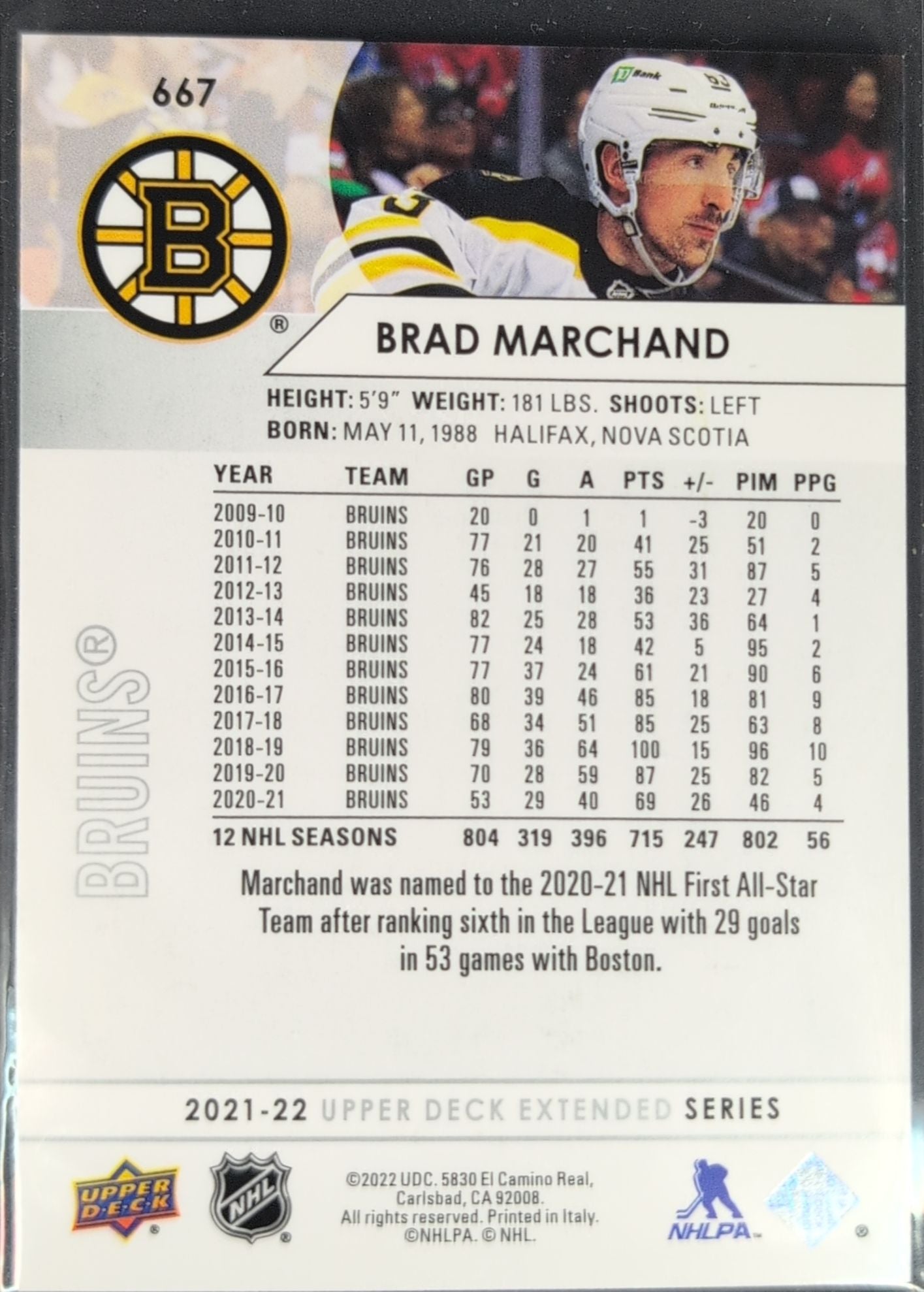 2021-2022 Upper Deck Brad Marchand #667 Boston Bruins back