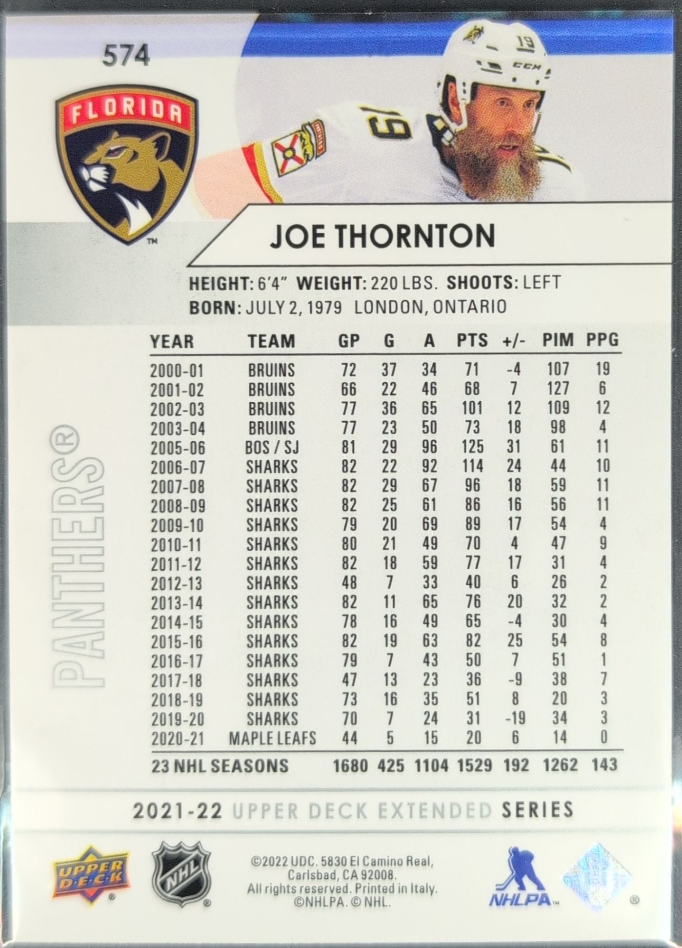 2021-22 Upper Deck Joe Thornton #574 Florida Panthers back