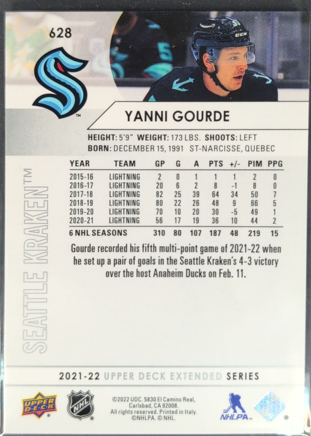 2021-2022 Upper Deck Yanni Gourde #628 Seattle Kraken back