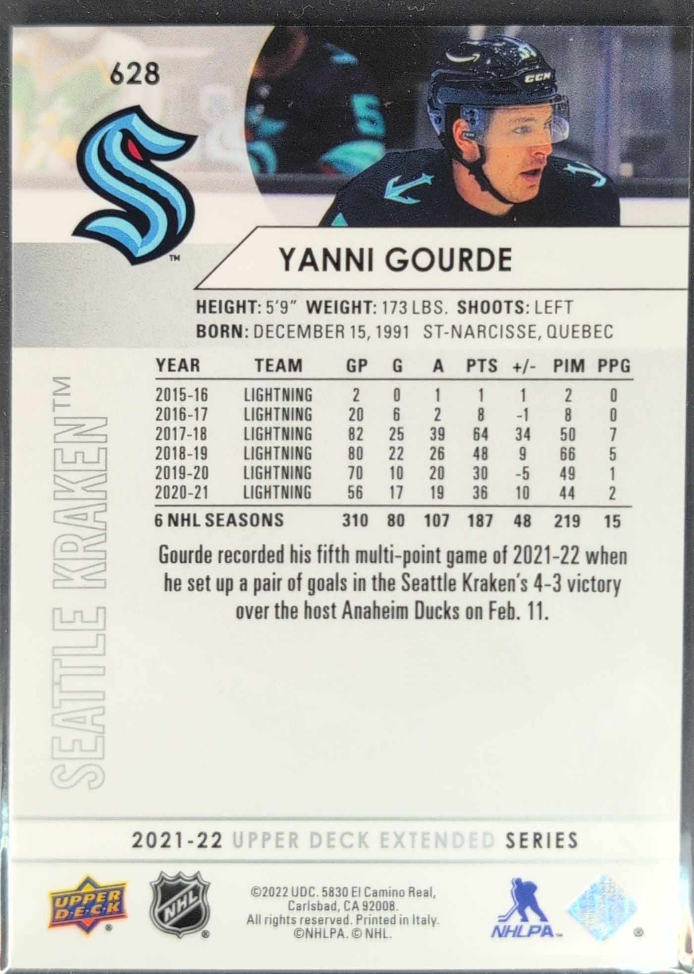 2021-2022 Upper Deck Yanni Gourde #628 Seattle Kraken back