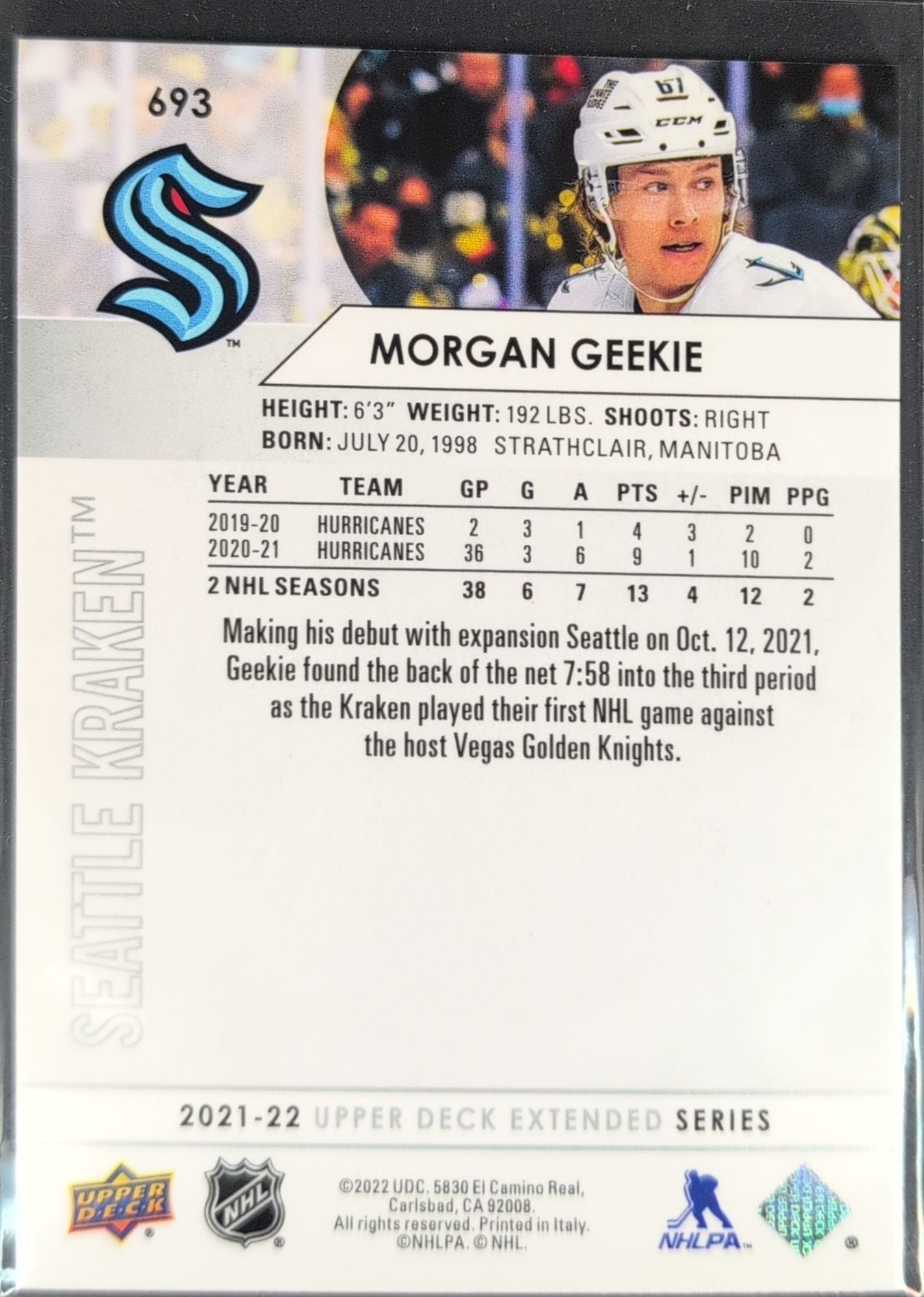 2021-2022 Upper Deck Morgan Geekie #693 Seattle Kraken back
