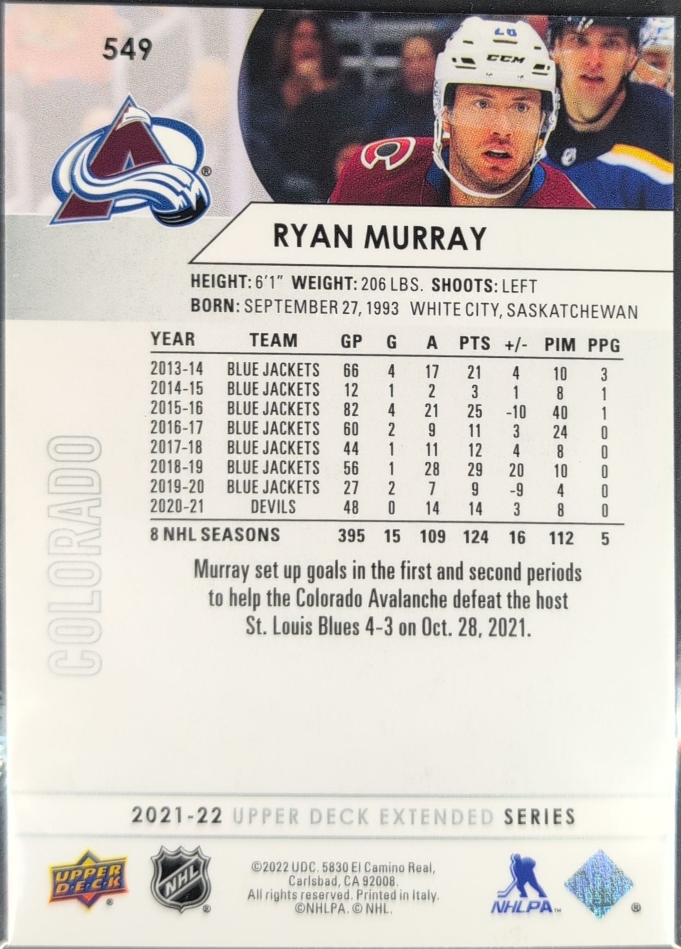 2021-2022 Upper Deck Ryan Murray #549 Colorado Avalanche back