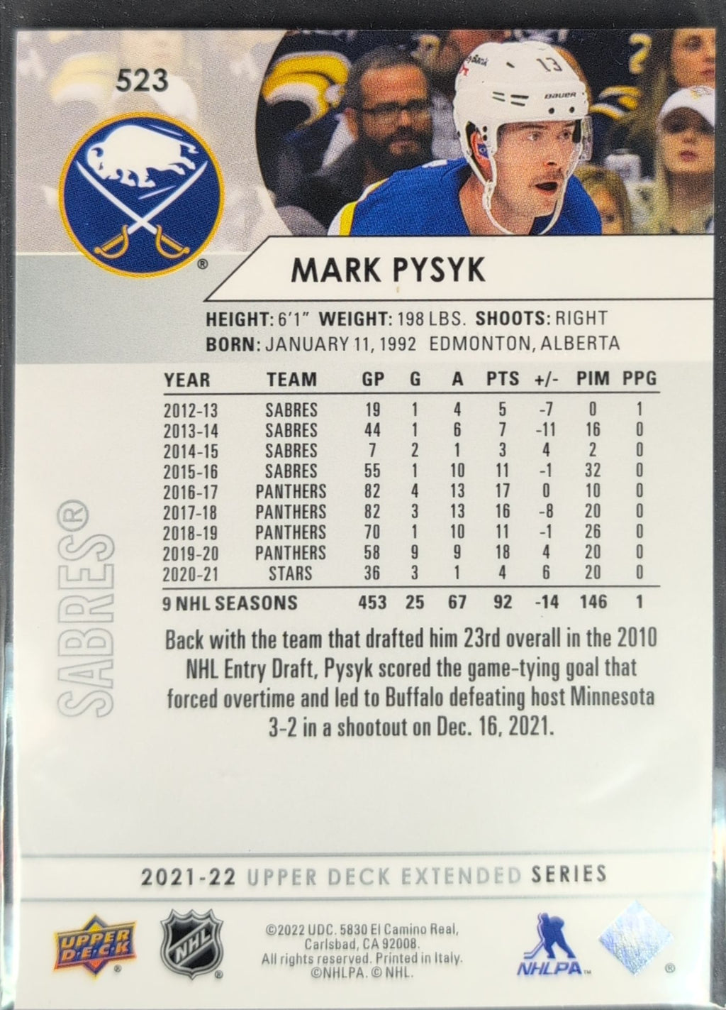 2021-22 Upper Deck Mark Pysyk #523 Buffalo Sabres back