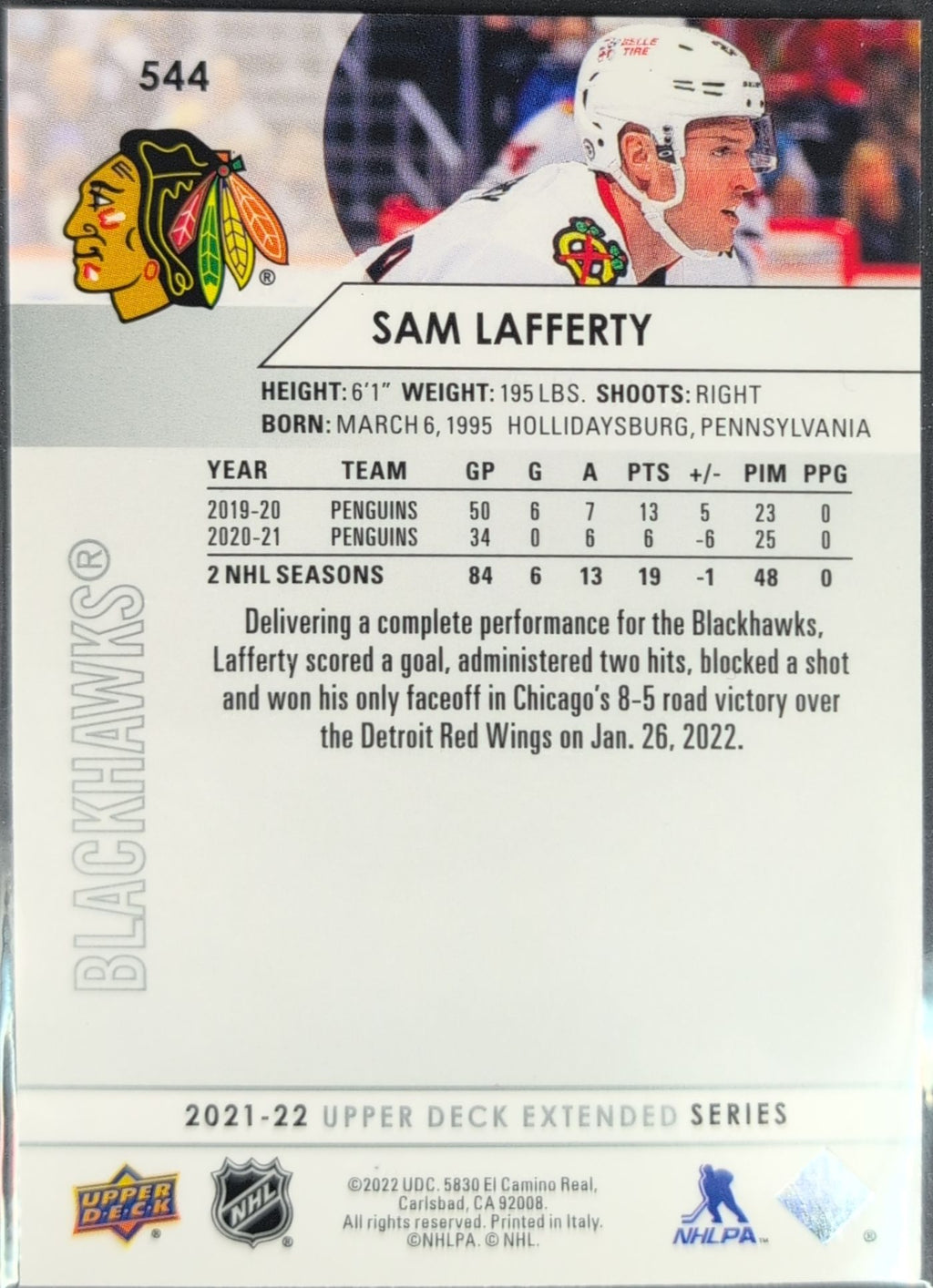 2021-2022 Upper Deck Sam Lafferty #544 Chicago Blackhawks back