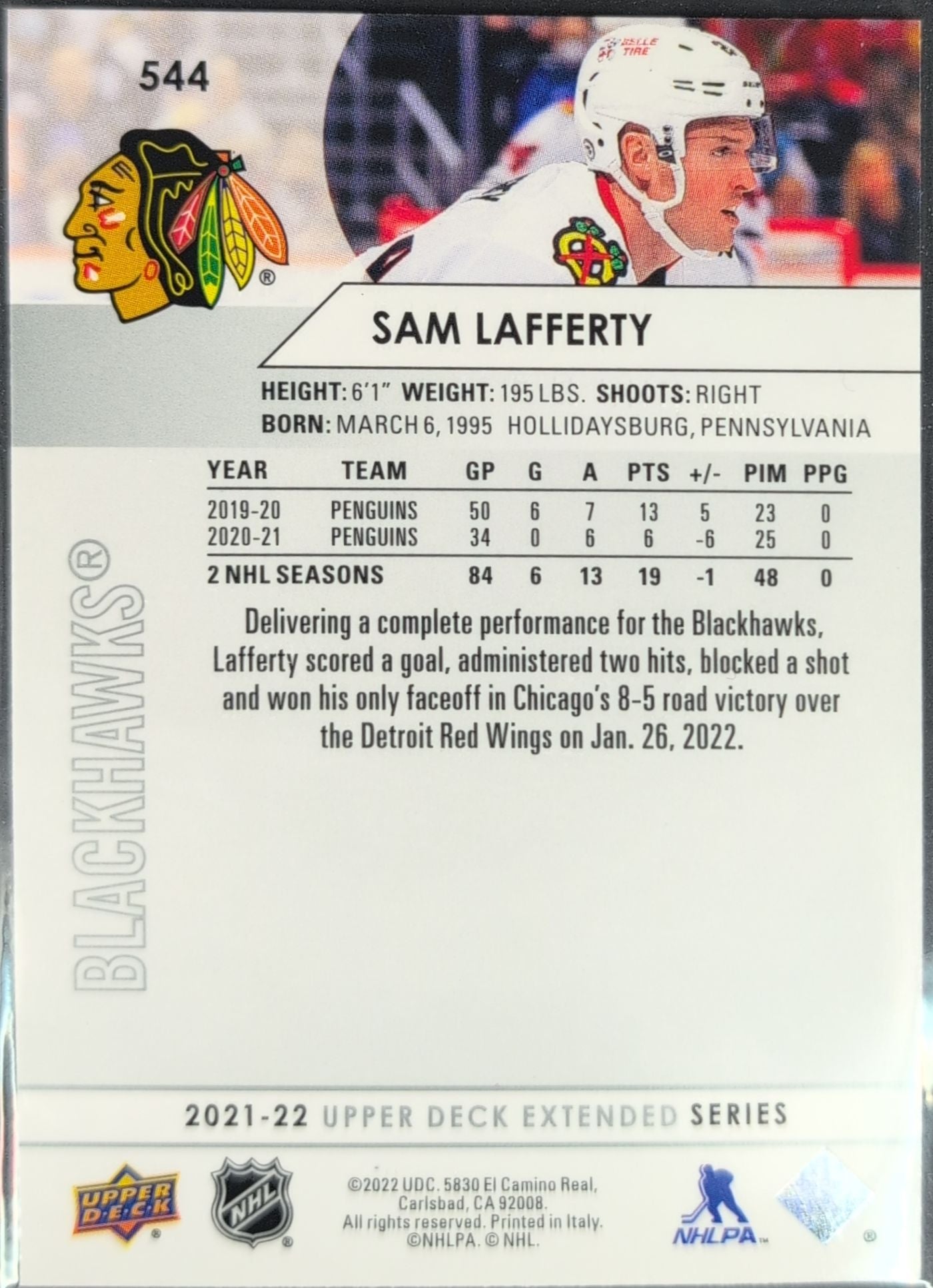 2021-2022 Upper Deck Sam Lafferty #544 Chicago Blackhawks back
