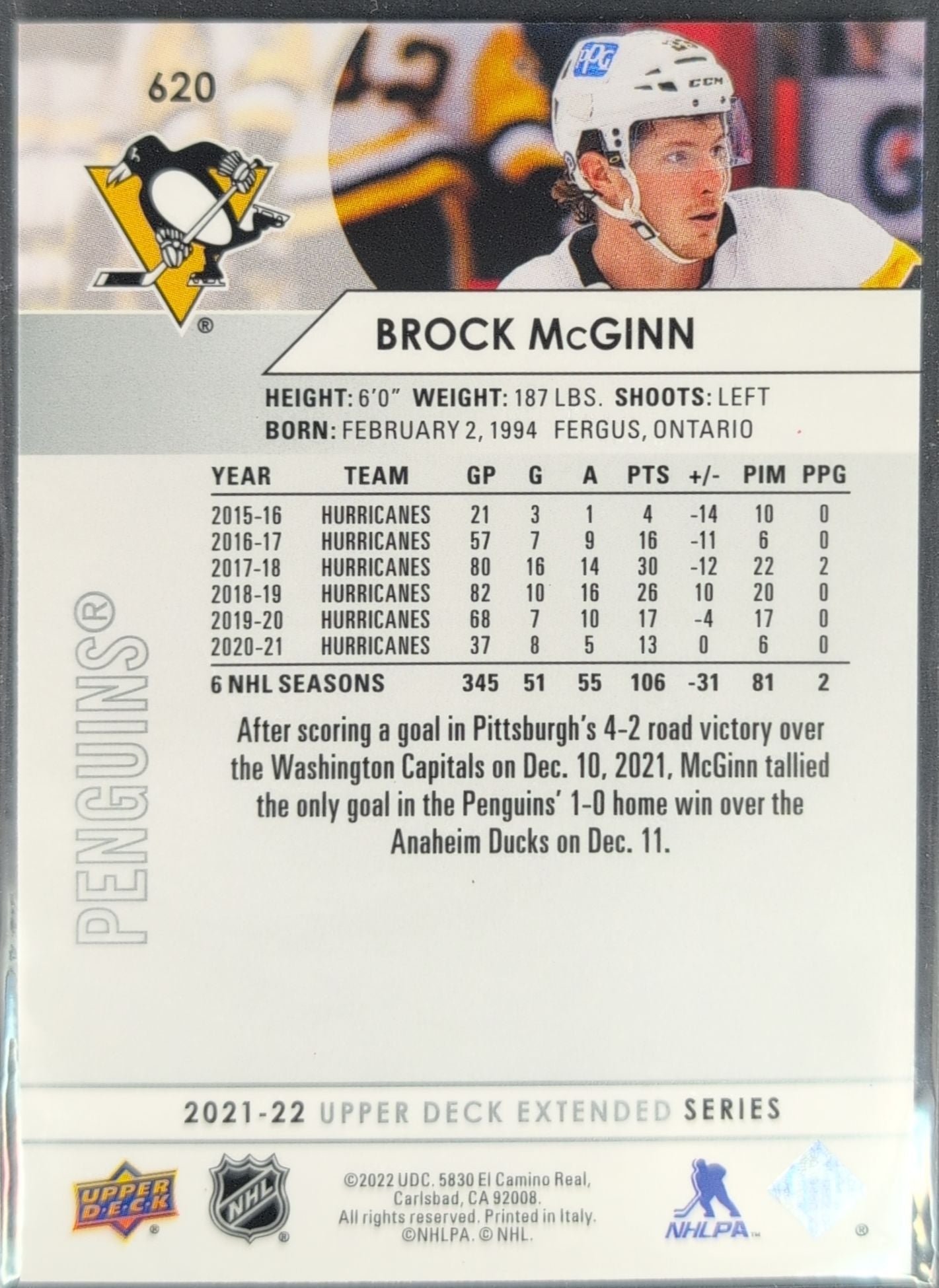 2021-2022 Upper Deck Brock McGinn #620 Pittsburgh Penguins back