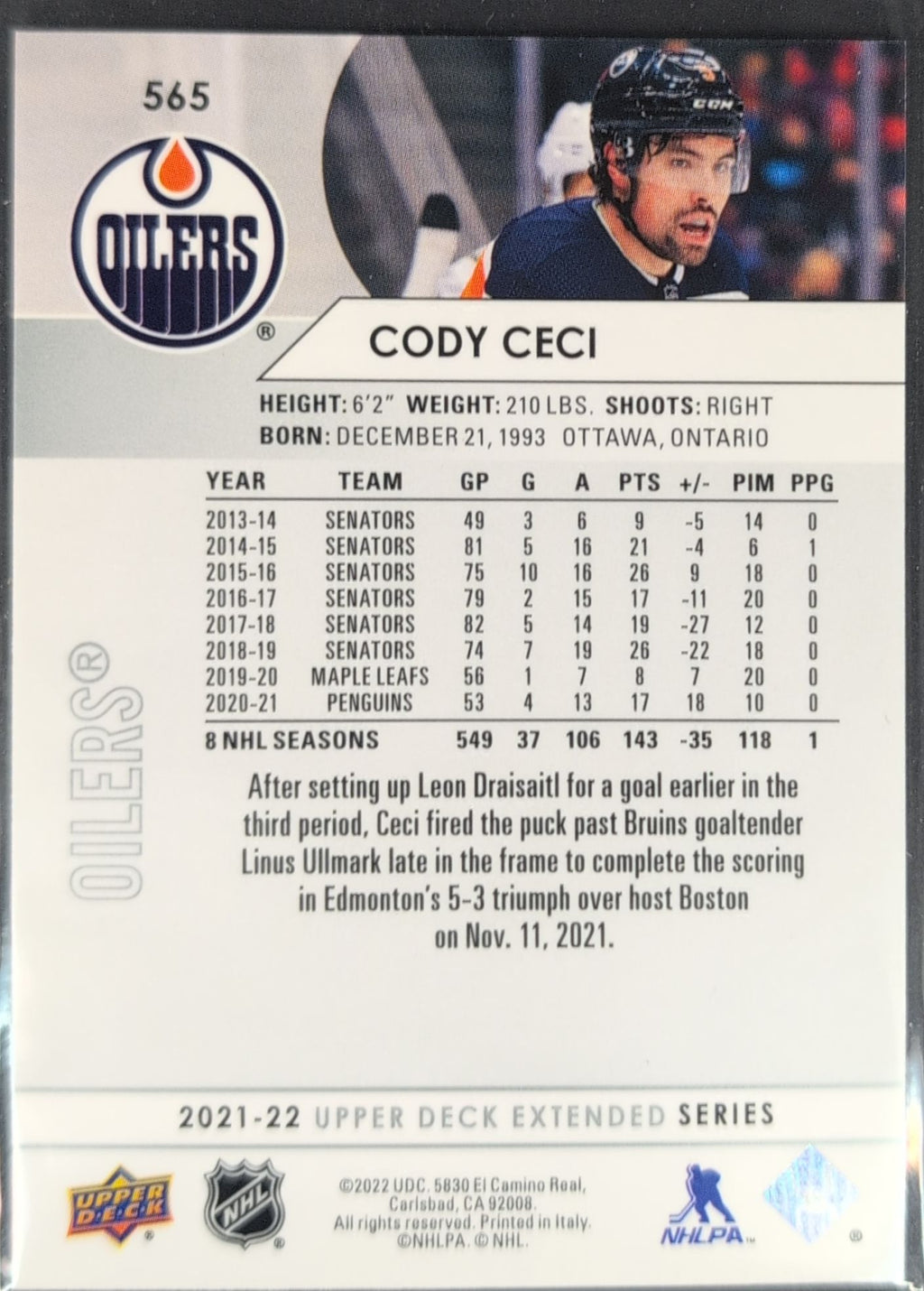 2021-22 Upper Deck Cody Ceci #565 Edmonton Oilers back