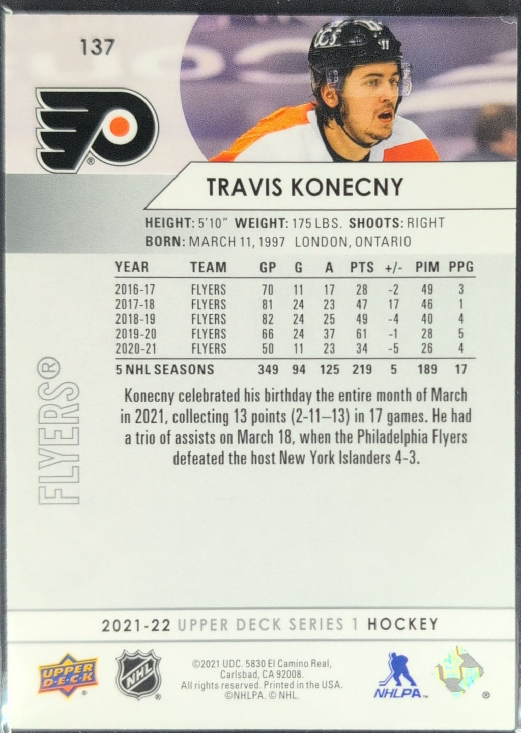 2021-2022 Upper Deck Travis Konecny #137 Philadelphia Flyers back