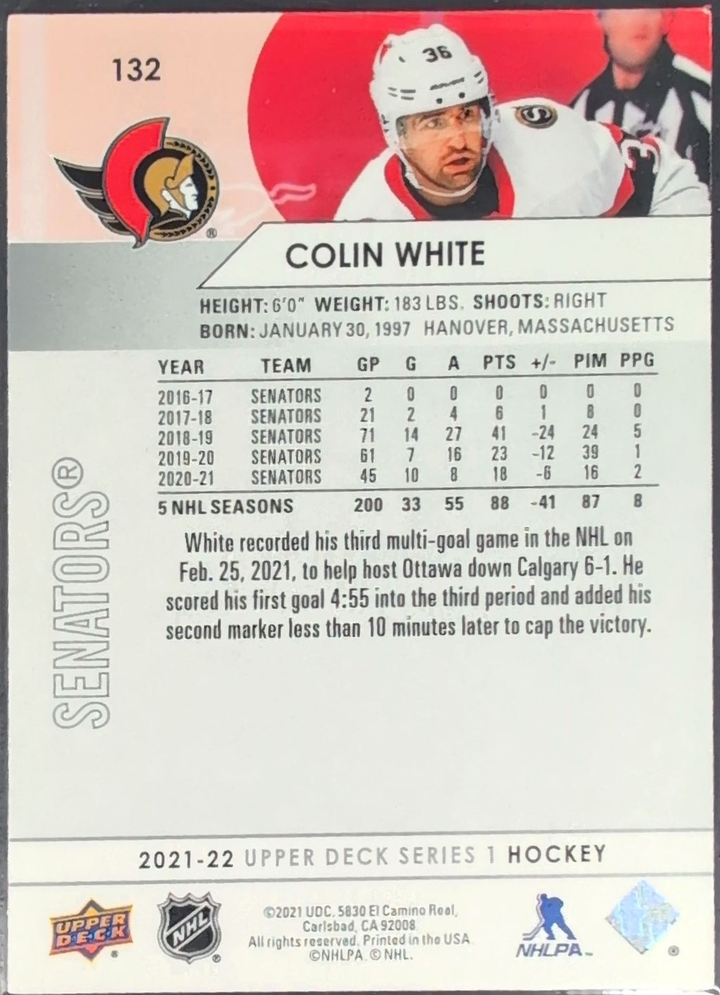 2021-2022 Upper Deck Colin White #132 Ottawa Senators back