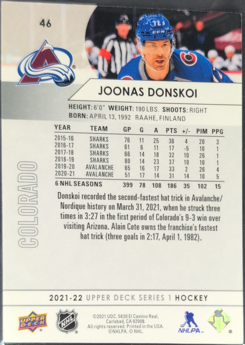 2021-2022 Upper Deck Joonas Donskoi #46 Colorado Avalanche back