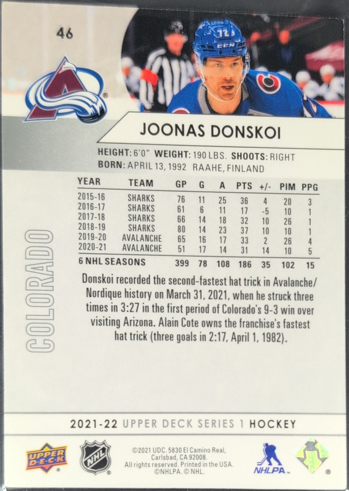2021-2022 Upper Deck Joonas Donskoi #46 Colorado Avalanche back
