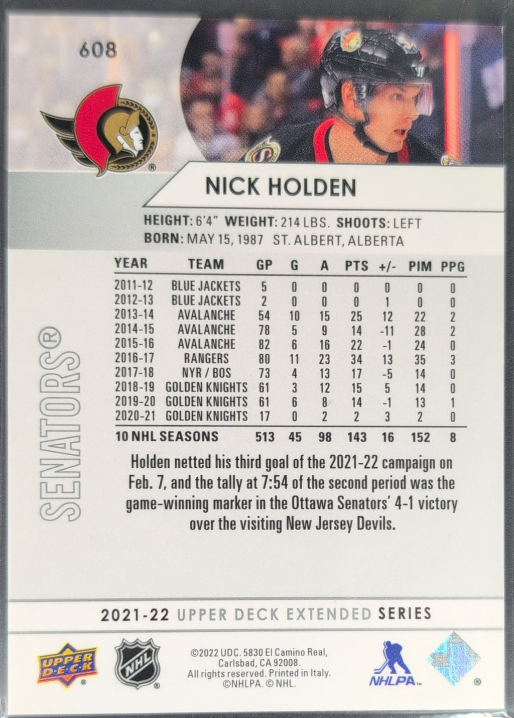 2021-2022 Upper Deck Nick Holden #608 Ottawa Senators back