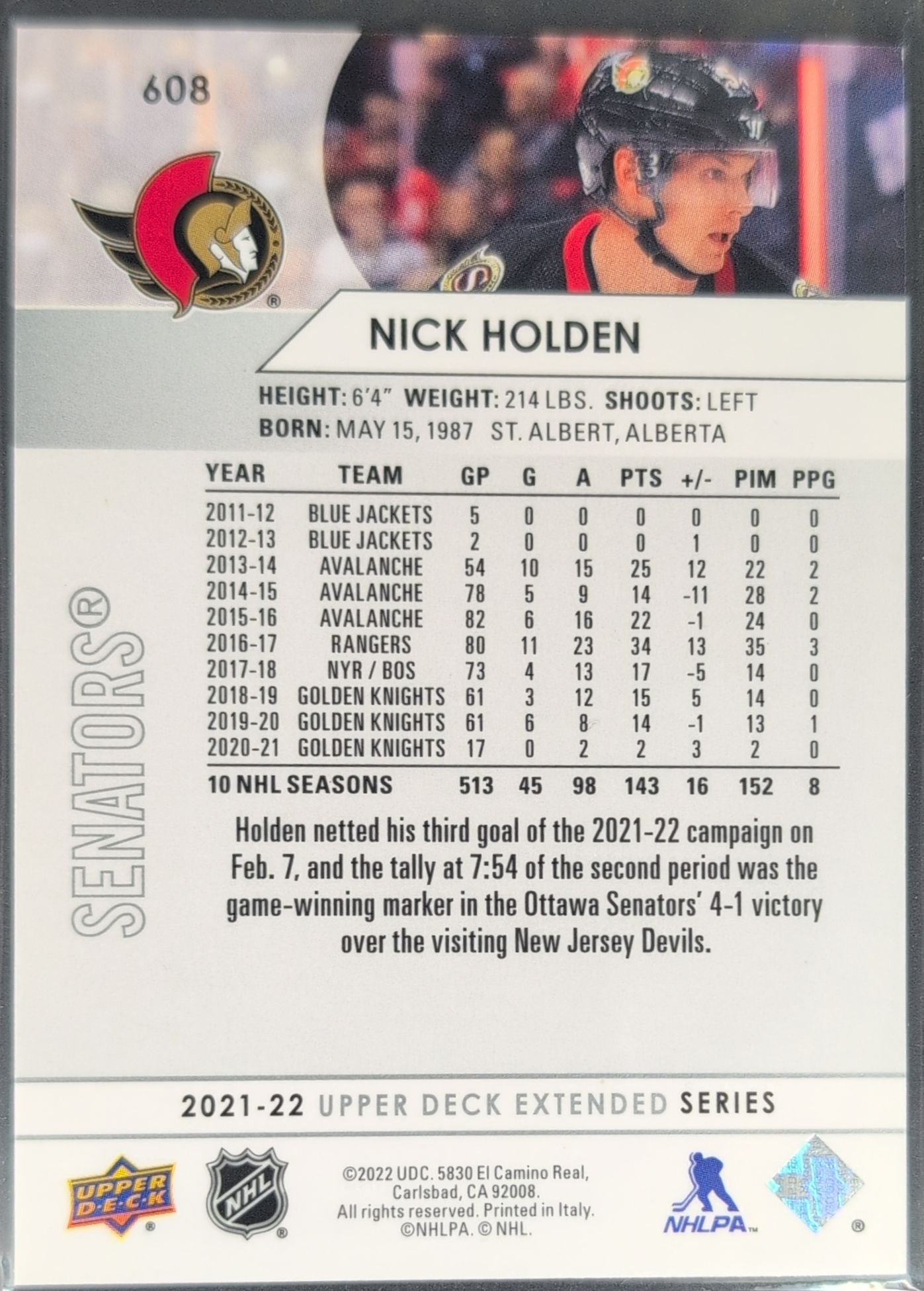 2021-2022 Upper Deck Nick Holden #608 Ottawa Senators back