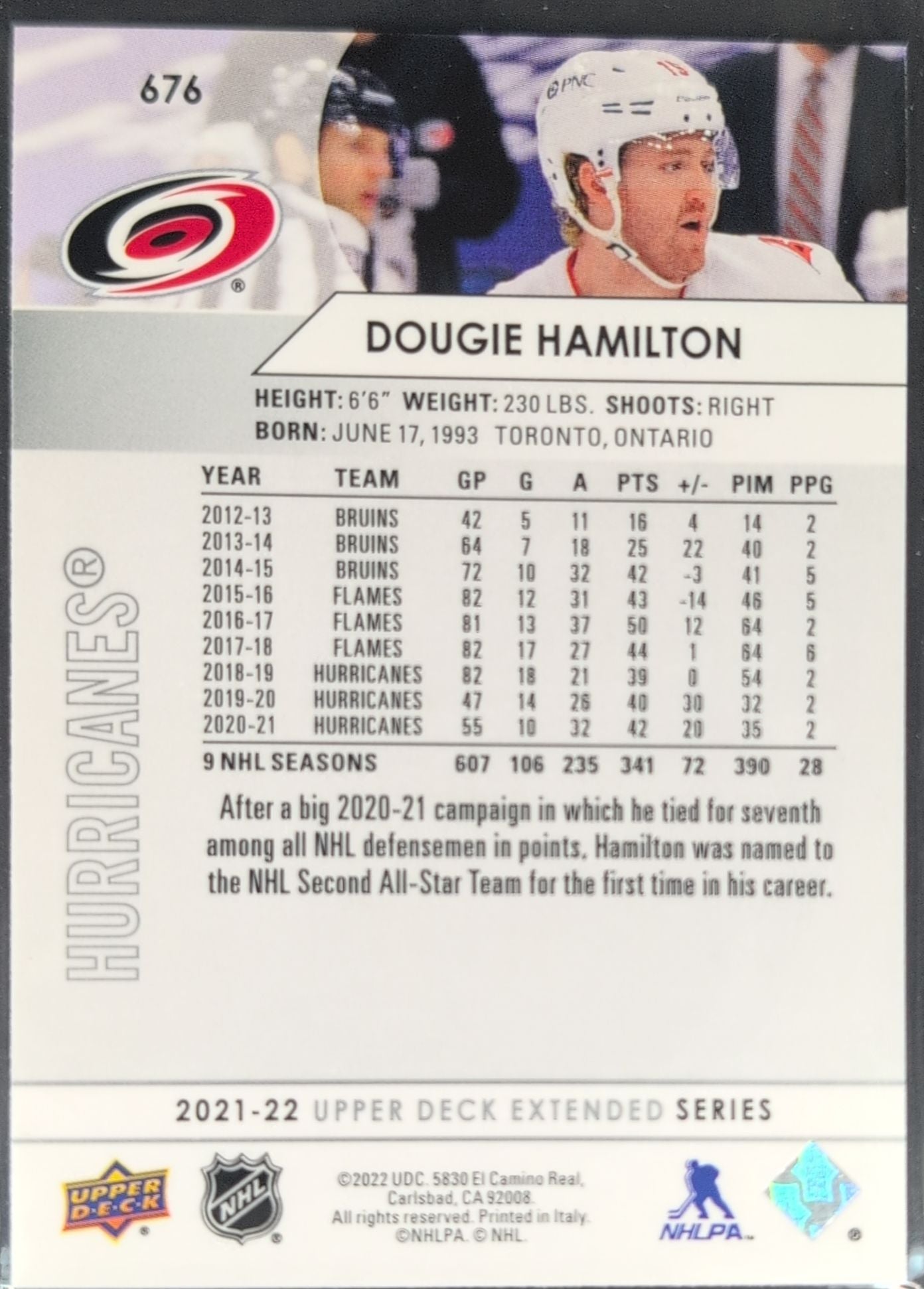 2021-22 Upper Deck Dougie Hamilton #676 Carolina Hurricanes back