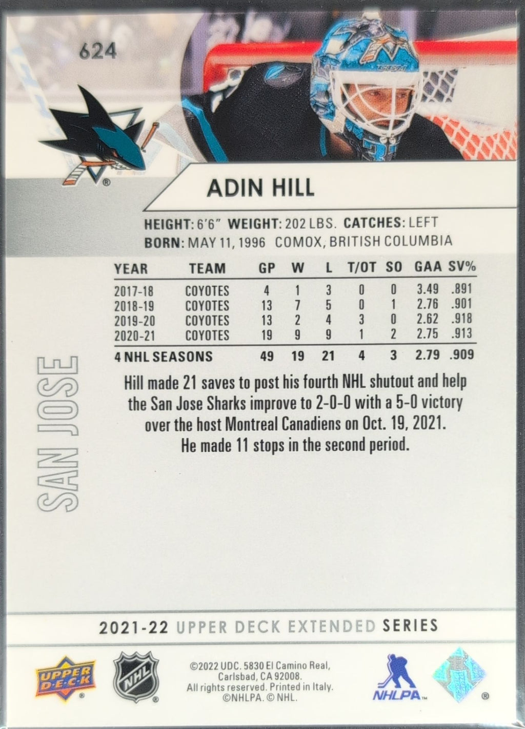 2021-22 Upper Deck Adin Hill #624 San Jose Sharks back