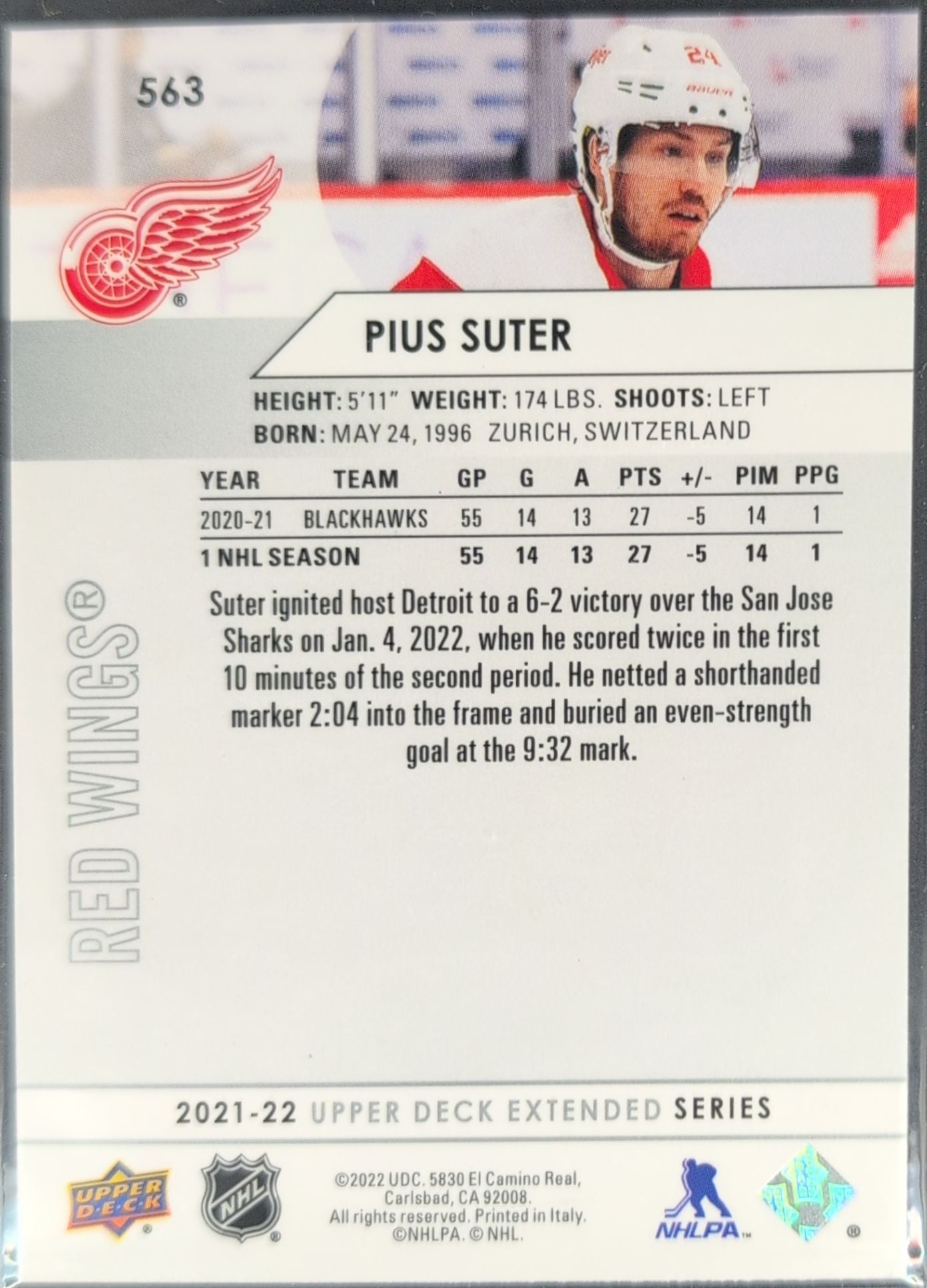 2021-2022 Upper Deck Pius Suter #563 Detroit Red Wings back