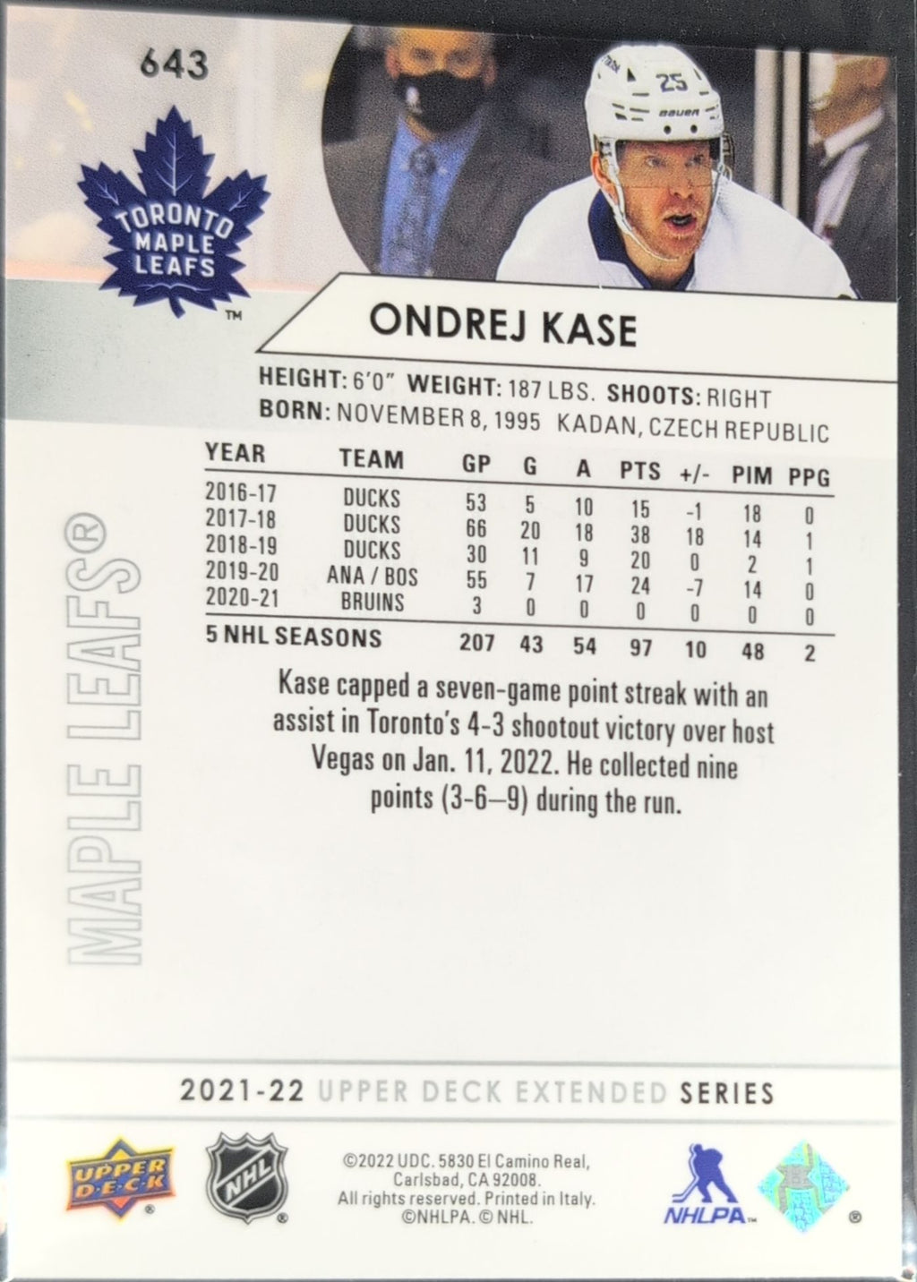 2021-22 Upper Deck Ondrej Kase #643 Toronto Maple Leafs back