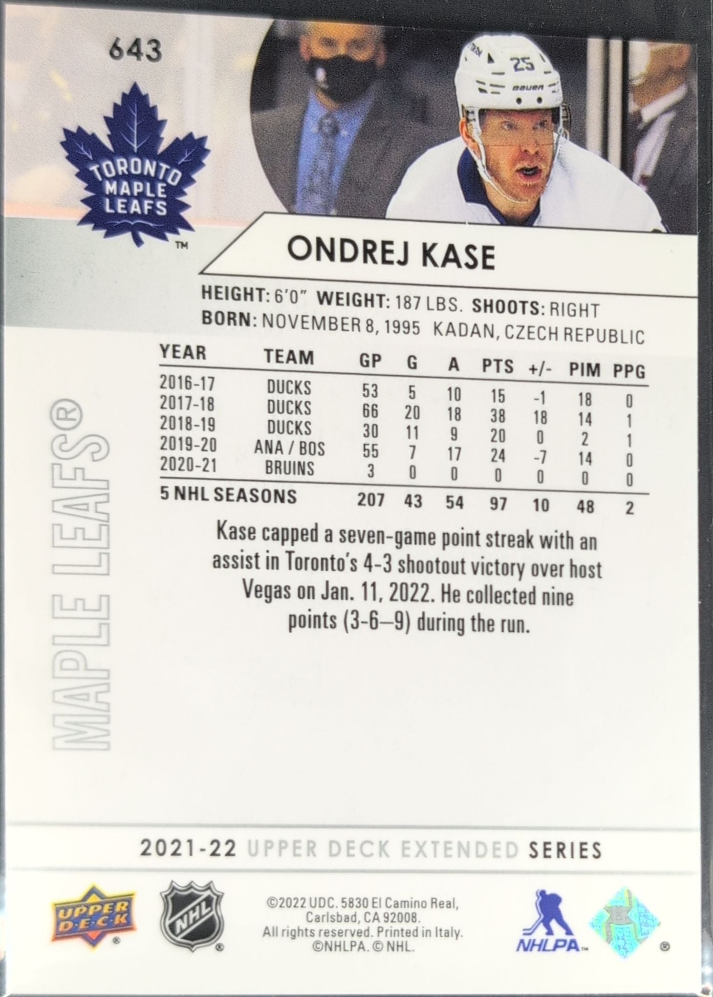 2021-22 Upper Deck Ondrej Kase #643 Toronto Maple Leafs back