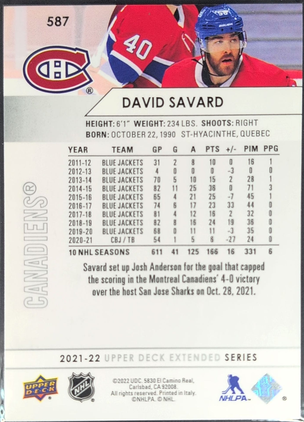 2021-2022 Upper Deck David Savard #587 Montreal Canadiens back