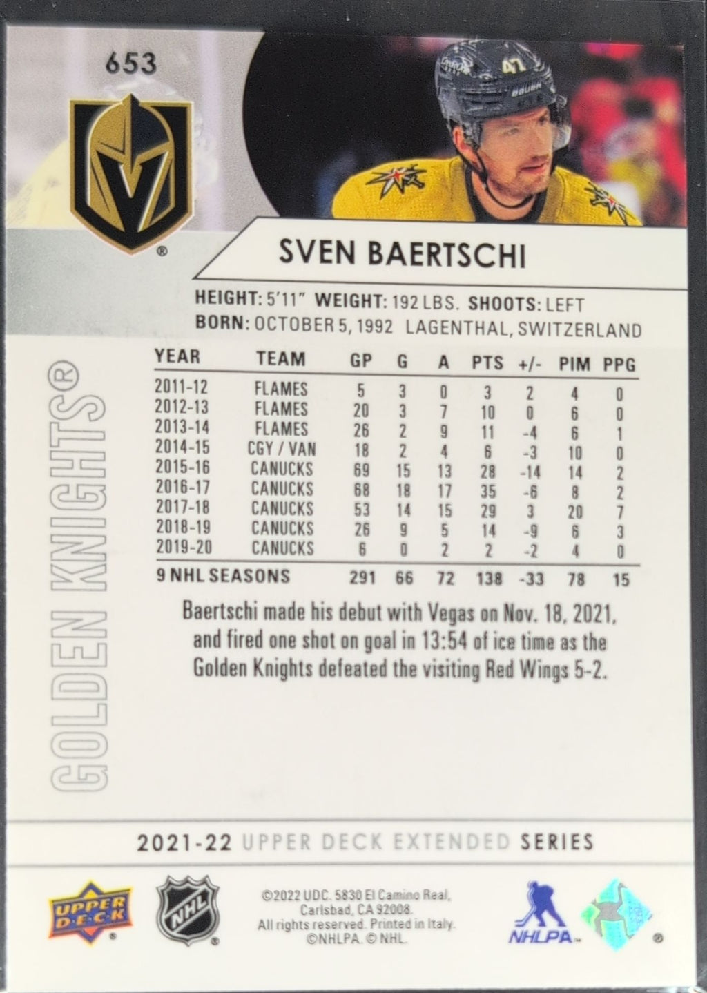 2021-22 Upper Deck Sven Baertschi #653 Vegas Golden Knights back
